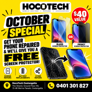 HocoTech Coolangatta October phone repair promotion – free screen protector valued at $40